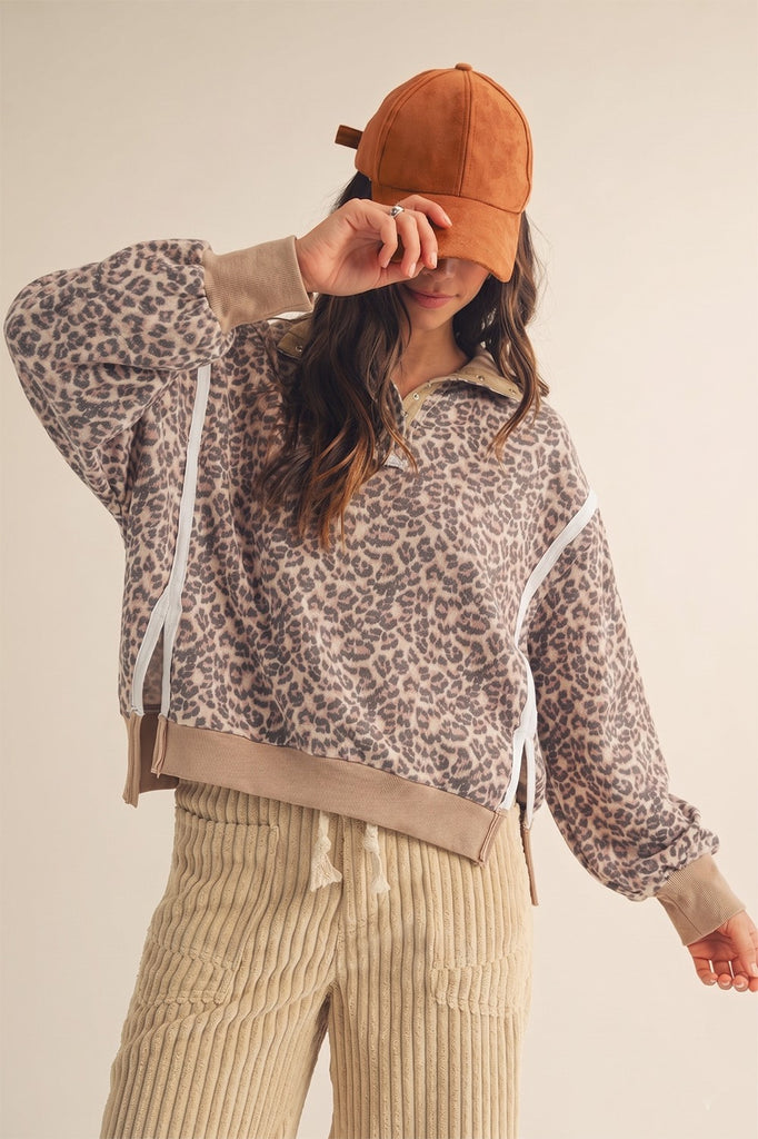 Leopard Untamed Signature Button Collar Pullover