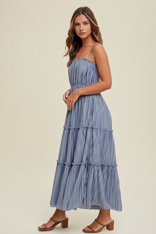 PLEATED TIERED MAXI DRESS WITH RUFFLE DETAIL