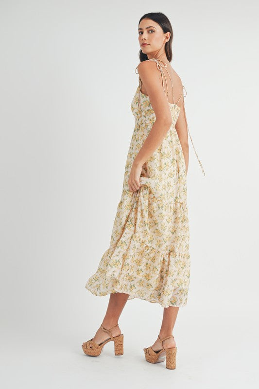 FLORAL PRINT SPAGHETTI STRAP TIERED MIDI DRESS