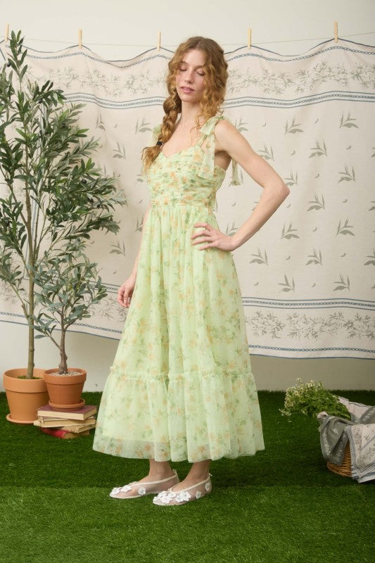 Floral Shirred Bodice Sleeveless Midi Dress
