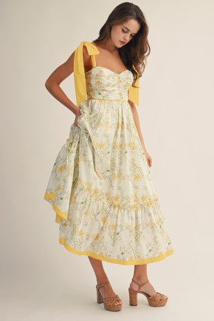 Cottage Garden Yellow Trim Tiered Dress