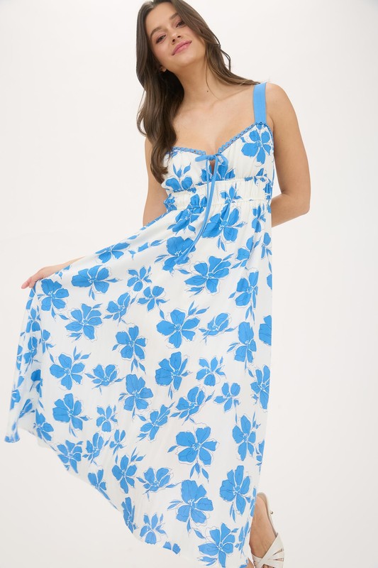 Floral Sweetheart Front Tie With Cutout Midi Dress