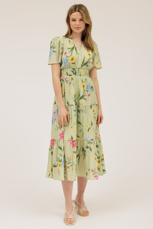 Multicolor Floral Short Sleeve Tiered Midi Dress