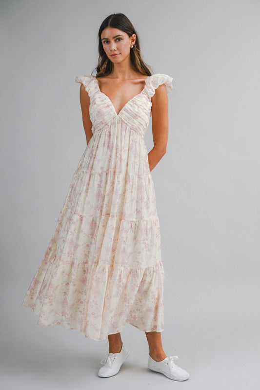 Floral Print Ruched Pleated Detail Midi Dress