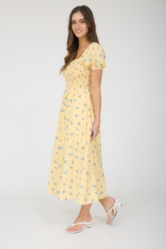 Smocked Puff Sleeve Floral Midi Dress