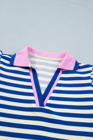 Stripe Contrast Trim Polo Collar Ruffled Short Sleeve Blouse