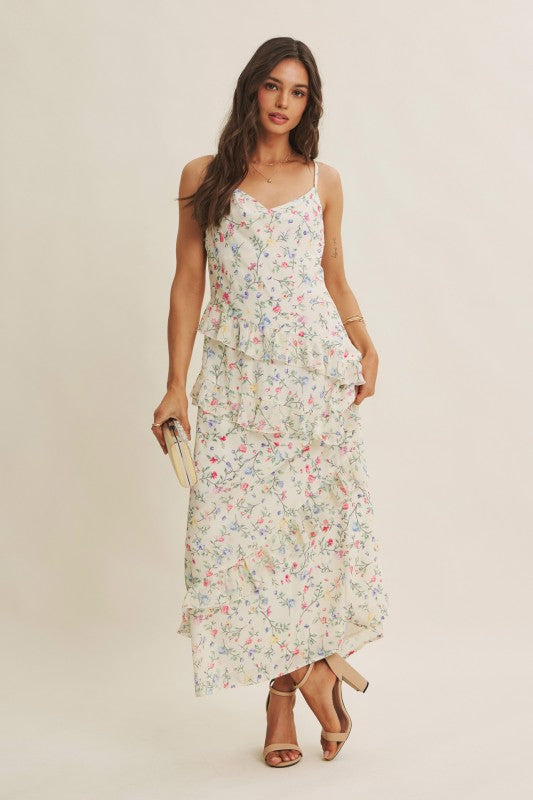 Floral Fantasy Asymmetrical Ruffled Maxi Dress