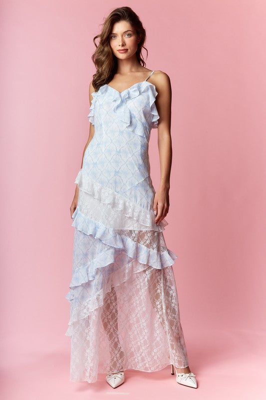 Coquette Printed Lace Mixed Ruffle Maxi Dress