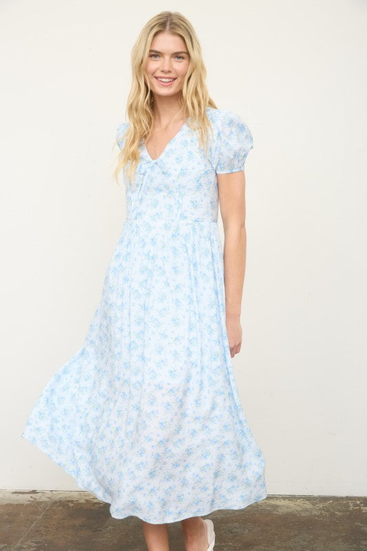Floral Puff Sleeve V Neck Corset Detail Midi Dress