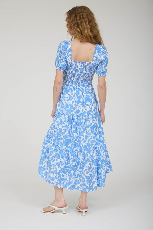 Floral Puff Sleeve Smocked Tiered Midi Dress