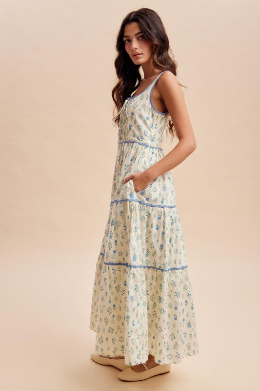 Cotton Floral Lace Up Maxi Dress