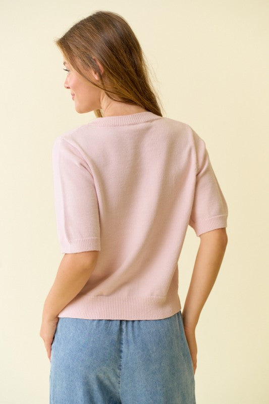 Pearl Bow Button Short Sleeve Cardigan