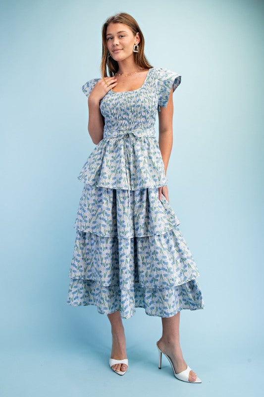 Floral Tiered Elastic Waist Midi Dress
