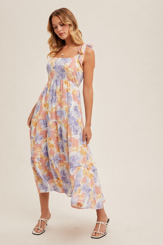 Tie Strap Tiered Midi Floral Dress