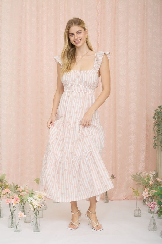 Stripe Floral Flounce Strap Tiered Midi Dress