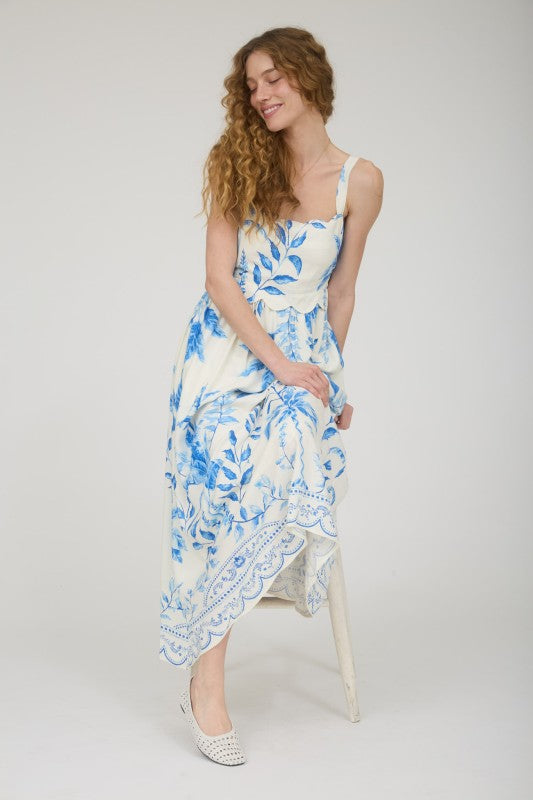 Leaf Print Scallop Detail Sleeveless Midi Dress