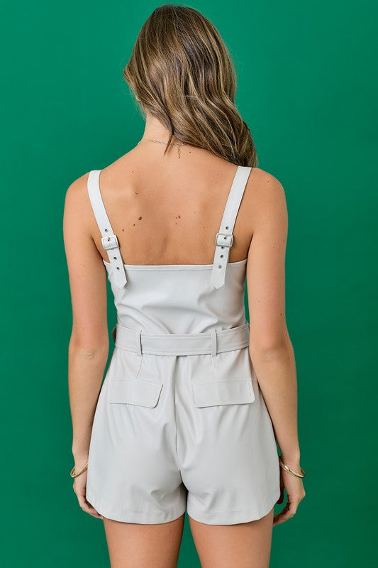 PU SLEEVELESS ROMPER WITH SELF BELT DETAIL