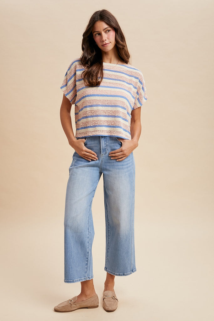 Tweed Texture Striped Crop Knit Top
