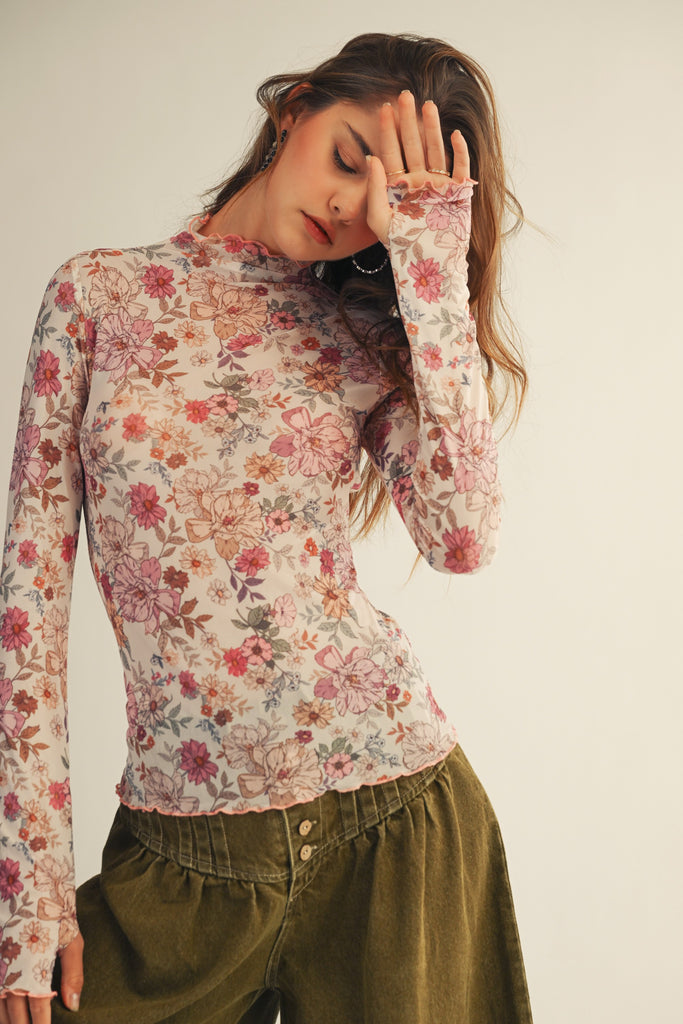Mesh Floral Thumb Hole Top