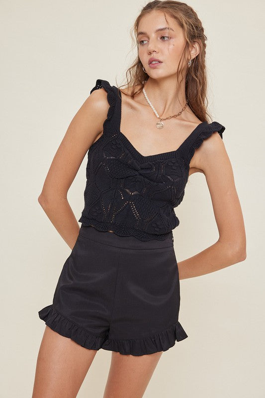 RUFFLE DETAILED POINTELLE KNIT TOP
