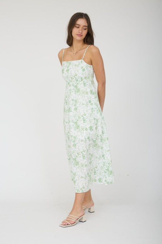 Watercolor Floral Spaghetti Strap Midi Dress