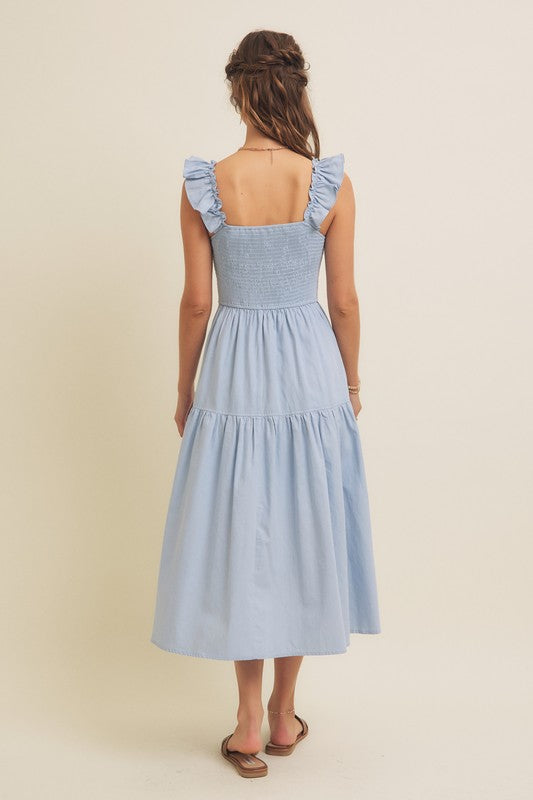 Cloud Gazing Airy Smocked Back Tiered Midi Dress