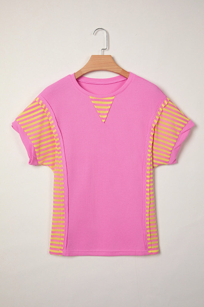 Waffle Textured Contrast Striped Patchwork Loose T Shirt
