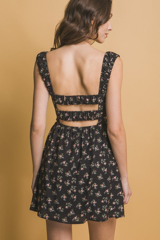 Floral Print Elastic Waist N Back Mini Dress