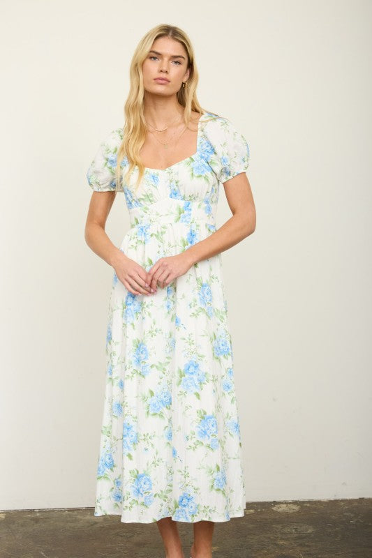Floral Ruched Bust Puff Sleeve Midi Dress