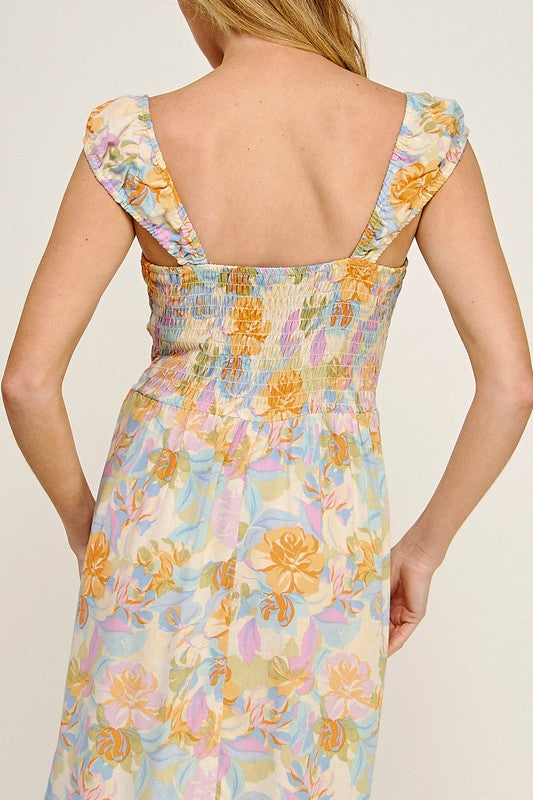 Airy Charm Printed Midi Dress With Elastic Sleeves