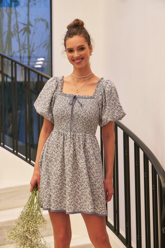 Romantic Ditsy Smocked Mini Dress With Bubble Slvs