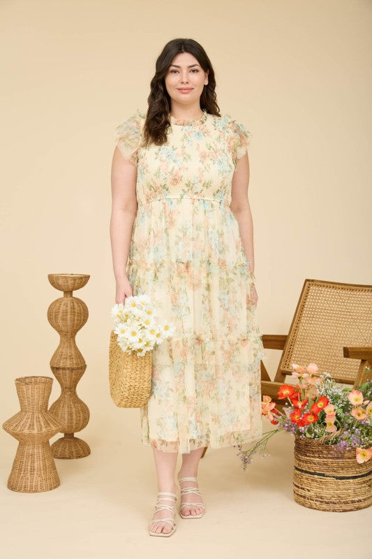 Plus Floral Tulle Pattern Smocked Midi Dress