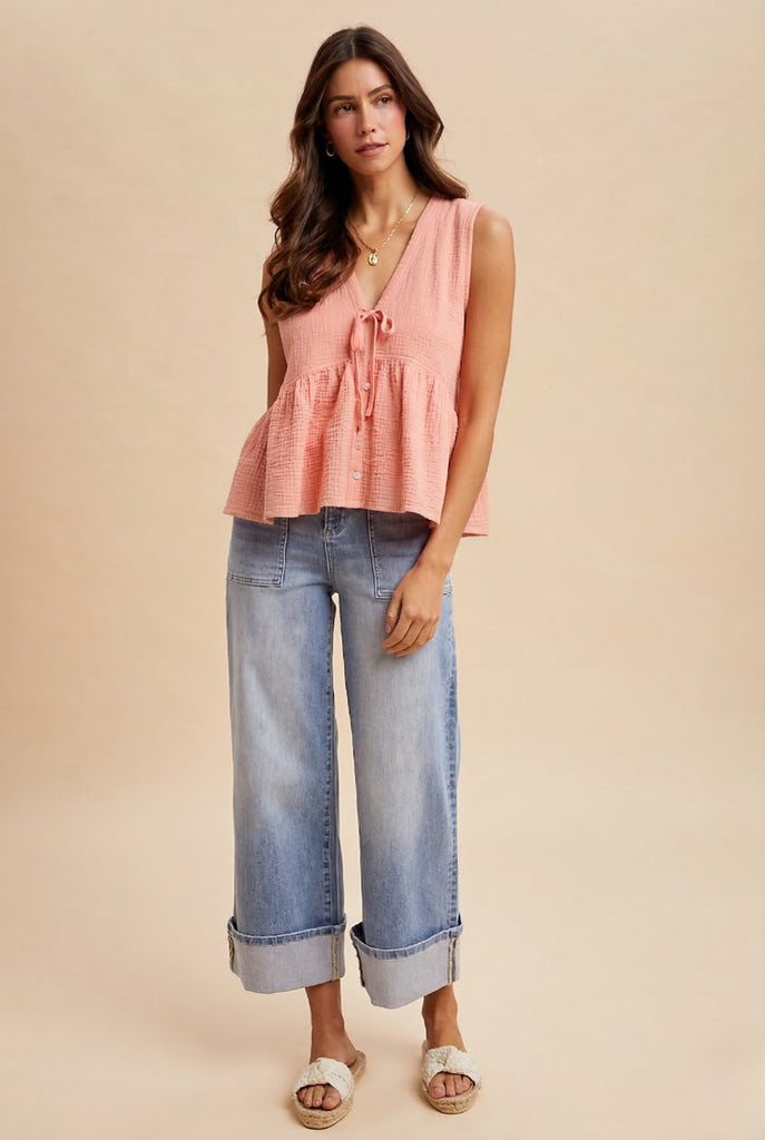Sleeveless Button Front Top With Lace Trimmed