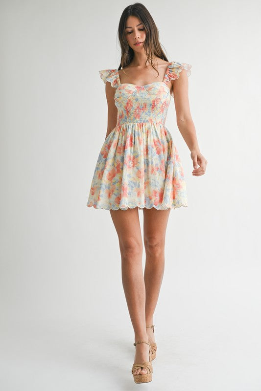 Floral Print Ruffle Sleeve Smocked Mini Dress