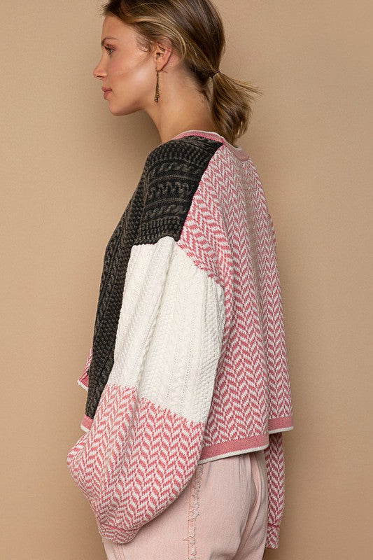 Contrast twisted weave chevon pattern sweater