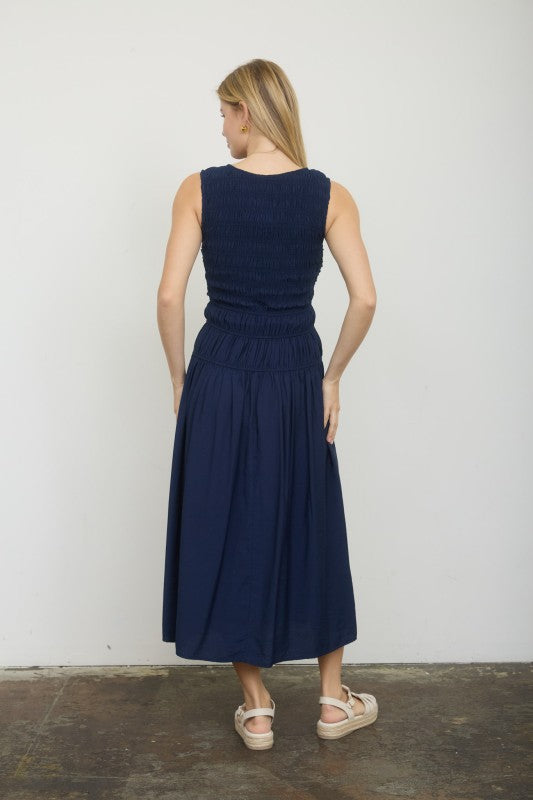 Front Tie Smocked Sleeveless Shirred Midi Dress