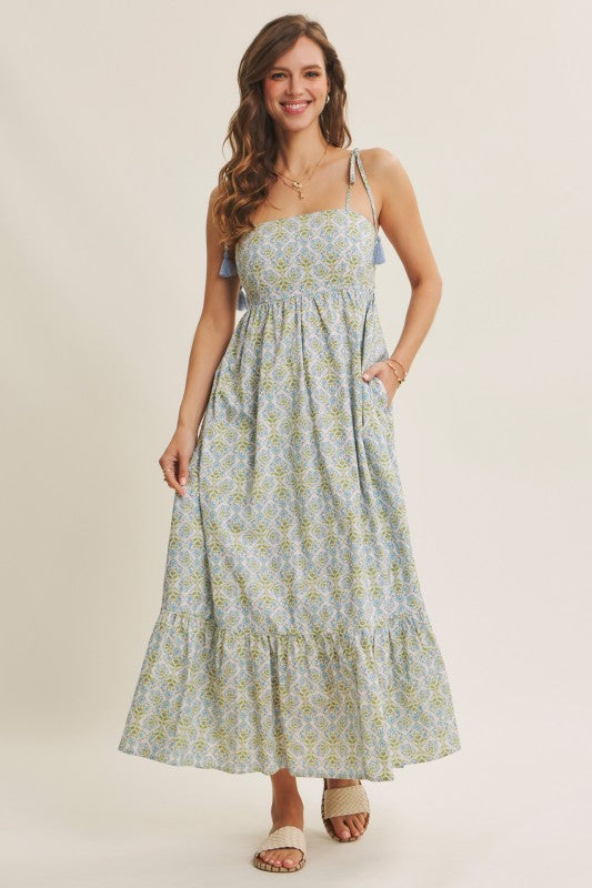 Garden Floral Open-back With Bow Cotton Midi Dress