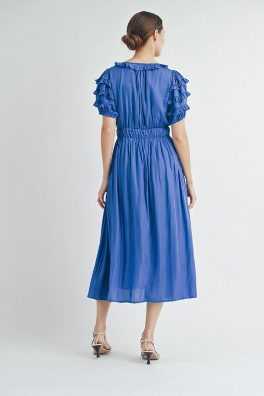 Ruffled V-neck Midi Dress With Elastic Waist