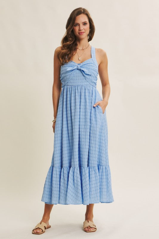 Mood-lifting Textured Flare Smocked Midi Dress