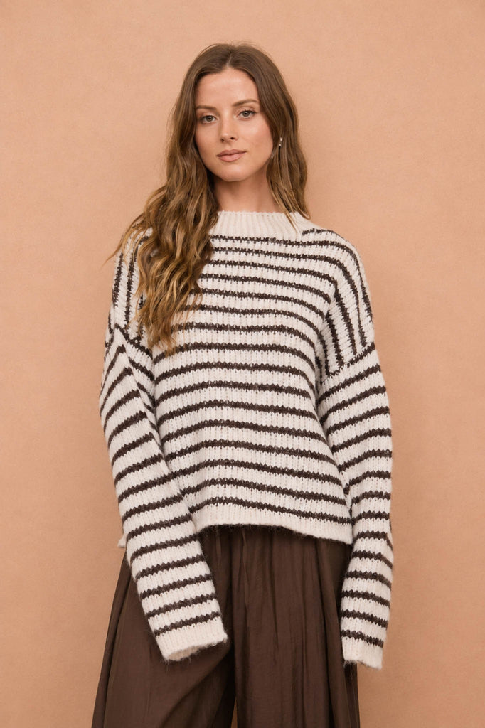 Stripe Rolled Edge Detail Long Sleeve Knit Sweater