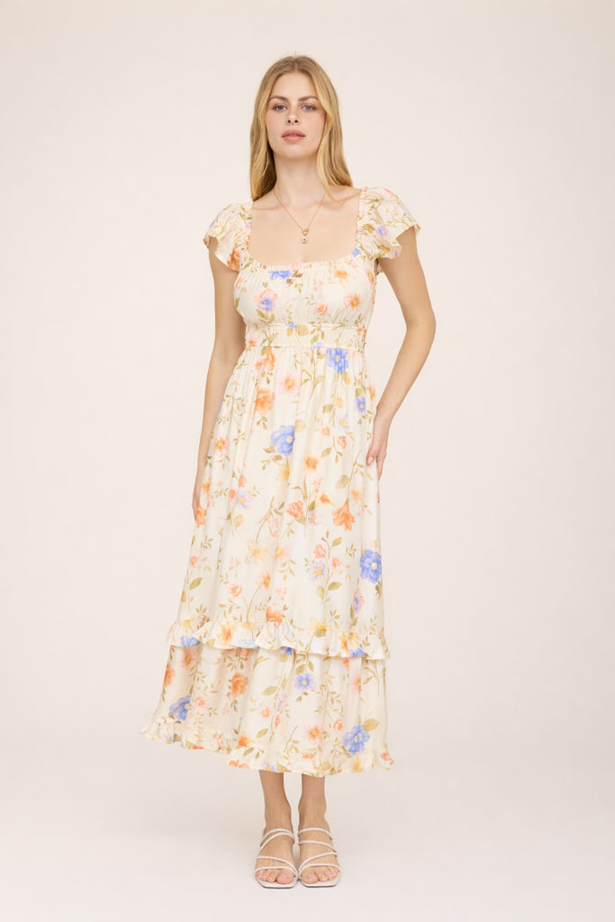 Floral Scoop Neck Ruffle Short Sleeve Midi Dress