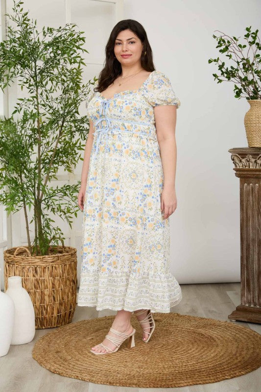 Floral Sweetheart Front Tie Puff Sleeve Midi Dress