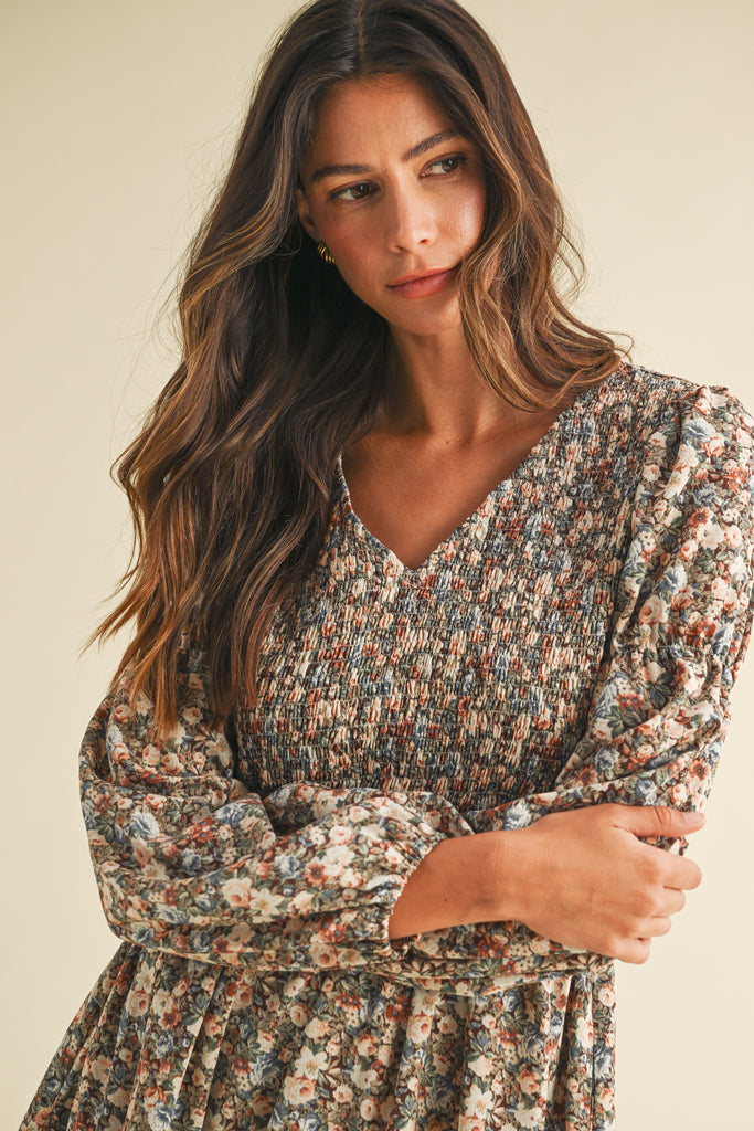 Vintage Flower Print Smocking Detail Mini Dress