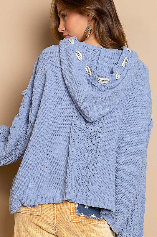 V-neck hooded cable knit chenille sweater