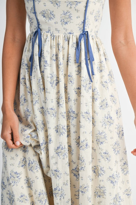 Floral Print Square Neck Contrast Pipinig Dress