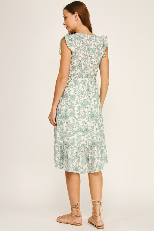 Smocked Flutter Sleeve Floral Midi Dress