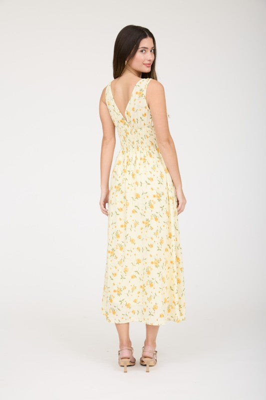 Floral V Neck Sleeveless Corset Midi Dress