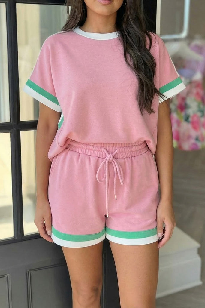 Striped Trim Casual Tee Drawstring Shorts 2pcs Set