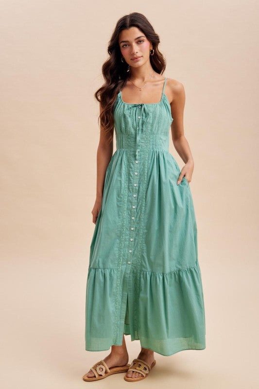 Gathered Cotton Button Down Maxi Dress