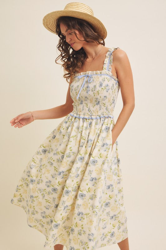 Lovely Floral Smocked Midi Dress With Bow